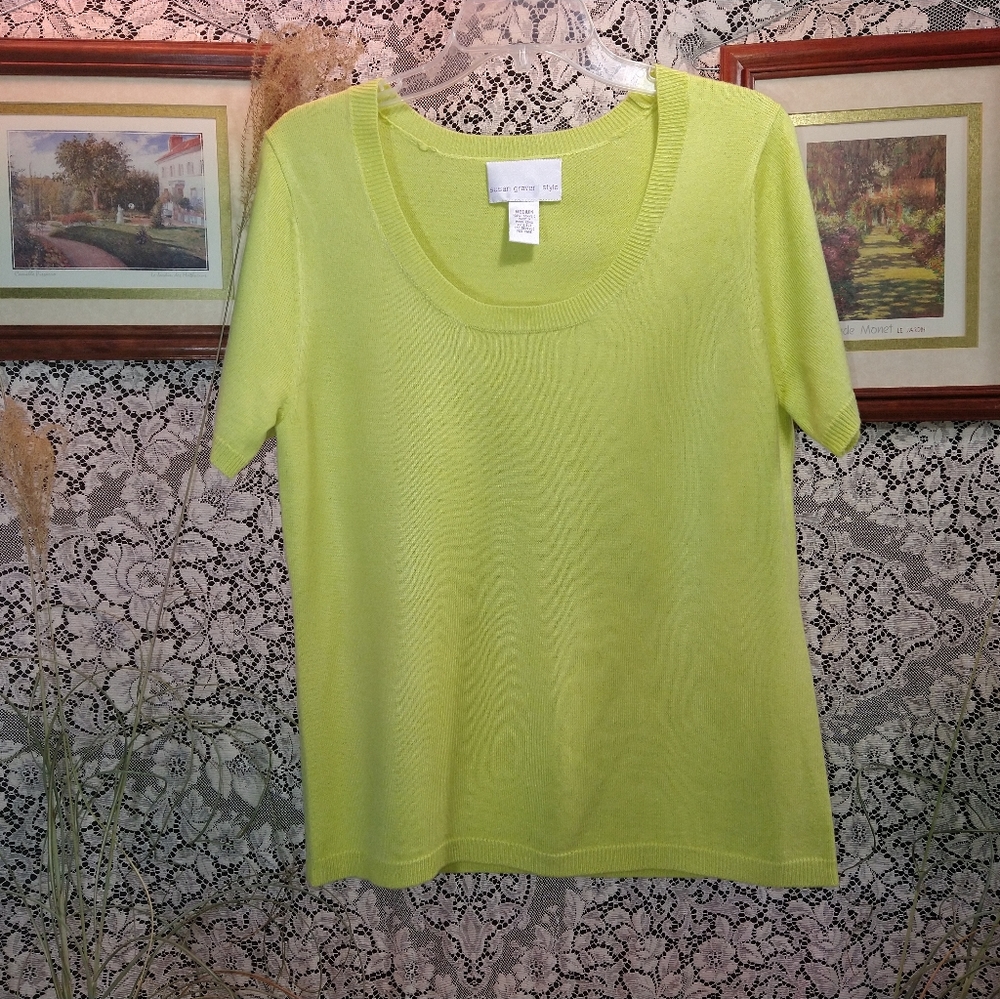 Susan Graver lime green crew neck knit short sleeve cardigan sweater polyester